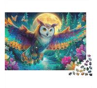 Puzzle con gufo psichedelico, 1000 pezzi, luna piena, bordo floreale, gioco impegnativo, alta difficoltà, 100% cartone riciclato per adulti e dai 14 anni in su, 38 x 26 cm, 1000 pezzi