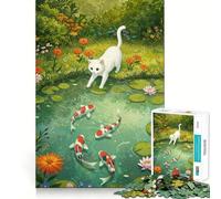 Puzzle con illustrazione di un gatto bianco e di uno stagno con carpe koi,per adulti,1000 pezzi,gioco di memoria,montaggio sicuro e a incastro,gioco significativo per costruire connessioni (50x75cm)