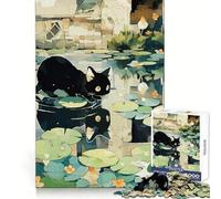 Puzzle con illustrazione di un gatto nero in uno stagno di ninfee, 1000 pezzi, per ragazzi Allenamento mentale, divertimento tranquillo, dimensioni compatte, regalo creativo (38x26cm)