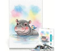 Puzzle con illustrazione di un ippopotamo ad acquerello e un uccello,per adulti,1000 pezzi,gioco di memoria,montaggio sicuro e stabile,gioco significativo per costruire connessioni (38x26cm)