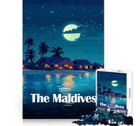 Puzzle con illustrazione di un resort notturno sulle spiagge delle Maldive,1000 pezzi,per concentrazione,relax e divertimento,con taglio liscio,ideale come regalo di compleanno (38x26cm)