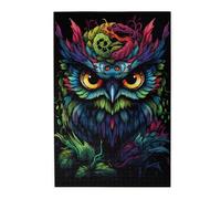 Puzzle con immagine di gufo su sfondo nero. Puzzle in legno per adulti e bambini, decorazioni impegnative