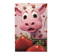 Puzzle con immagine di mucca rosa con fragole. Puzzle in legno per adulti e bambini, decorazioni impegnative puzzle