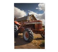 Puzzle con immagine trattore rosso. Puzzle in legno per adulti e bambini, decorazioni impegnative