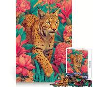 Puzzle con lince rossa nella giungla tropicale e fiori, 1000 pezzi, stimolante per la mente, rilassante e di alta qualità, regalo perfetto (38x52cm)