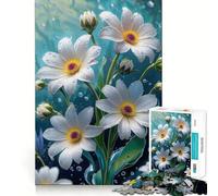Puzzle con margherite bianche e gocce d'acqua,1000 pezzi Divertimento assicurato,taglio laser per un incastro perfetto Attività ideale per rafforzare i legami affettivi (50x75cm)