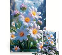 Puzzle con margherite bianche e gocce d'acqua per ragazzi, 1000 pezzi, esercizio di logica, ideale per momenti di relax, bordi netti, regalo perfetto (50x75cm)