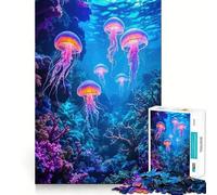 Puzzle con meduse al neon sopra una barriera corallina per ragazzi, 1000 pezzi Un giocattolo divertente e rilassante, un'opera d'arte dai contorni netti, da collezione (38x52cm)