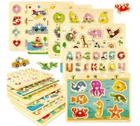 Puzzle con pioli in legno per bambini dai 2 ai 4 anni, confezione da 6 giocattoli educativi Montessori, puzzle regalo per bambini da 1 a 3 anni con numeri dell'alfabeto e forme di animali