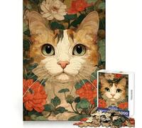Puzzle con ritratto di gatto e sfondo floreale per ragazzi,1000 pezzi,esercizio di logica,fuga rilassante,bordi netti,regalo delizioso (50x75cm)