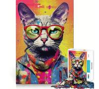 Puzzle con ritratto di gatto hipster per nerd, 1000 pezzi, per rafforzare la memoria, alleviare lo stress, decorazione murale dai bordi puliti (38x52cm)