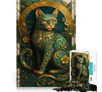 Puzzle con ritratto di gatto turchese e oro decorato per adulti, 1000 pezzi, con scritta "Recall Upgrade Peaceful Time Tight Cut Santa Wish List" (50x75cm)