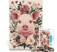 Puzzle con ritratto di maialino e composizione floreale per ragazzi, 1000 pezzi, giocattolo divertente e stimolante, decorazione murale con ritagli trasparenti (38x52cm)