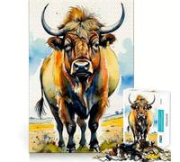 Puzzle con ritratto di mucca delle Highlands ad acquerello,1000 pezzi,gioco interattivo Think Boost,incastro perfetto,nessun pezzo si stacca,sfida cerebrale per la casa (38x52cm)