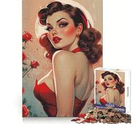 Puzzle con rosa rosse e ragazza mora in stile pin-up per adolescenti, 1000 pezzi, attività stimolante per la mente, antistress, divertente, taglio preciso, (50x75cm)