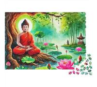 Puzzle con statua di Buddha,Saggio nella notte stellata,1000 pezzi,cartone spesso riciclato,viaggio in una giornata piovosa,soggiorno adulti,adolescenti,principianti e avanzati,38x26 cm/1000 pezzi