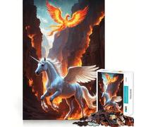 Puzzle con unicorno e fenice in un paesaggio infuocato,1000 pezzi,gioco cognitivo divertente,taglio di alta precisione, alleviare lo stress (38x52cm)