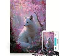 Puzzle con volpe bianca nella foresta di ciliegi in fiore,1000 pezzi,divertente da giocare,senza sbavature,con tagli precisi,portatile,ideale per i viaggi (38x26cm)