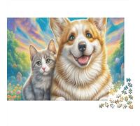 Puzzle Corgi And Tabby Cat in Flower Field 1000 Pezzi Giochi Educativi Pet Jigsaw, Casa Decorazione, Adulti Per Regalo 38x26cm/1000pcs