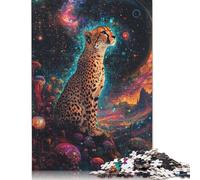 Puzzle Cosmic Neon con Ghepardo nello Spazio, Puzzle Rettangolare Premium in Carta Riciclata al 100%, per Donne e Uomini, 1000 Pezzi (75x50cm)