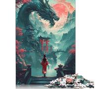 Puzzle creativi quadrati da 500 pezzi con drago giapponese e geisha per adulti e puzzle in legno, gioco intellettuale, 500 pezzi (52x38 cm)
