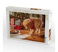 Puzzle, cucciolo di Natale alla ricerca di tracce davanti all'albero di | Un giovane cane insegue le impronte di zampe alla luce della torcia. 1000 pezzi. Dimensioni da sdraiato: 64 x 48 cm. Puzzle