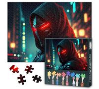 Puzzle Cyberpunk per adulti, 1000 pezzi, testa Cyborg con occhi luminosi rossi in un cappuccio in una scena notturna, 1000 pezzi, sfide impossibili, 50 x 70 cm