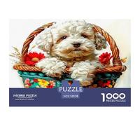 Puzzle da 1000 pezzi a forma di cane, ideale come decorazione da parete e come regalo Cucciolo, cestino di vimini, fiori di Pasqua, carta riciclata per adulti, ottima idea regalo, 52x38cm/1000pcs
