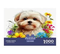 Puzzle da 1000 pezzi a forma di cane, ideale come decorazione da parete e come regalo - Ghirlanda di fiori colorati con cucciolo, carta riciclata per adulti, ottima idea regalo. 52x38 cm/1000 pezzi
