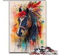 Puzzle da 1000 pezzi a forma di cavallo indiano, per adulti, per l'interazione con la famiglia e come regalo divertente, con un vivace design astratto, 50x75cm