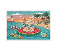 Puzzle da 1000 pezzi a forma di coniglietto estivo da spiaggia tropicale, in legno, stampato con motivo a coniglio, divertente decorazione per intrattenimento creativo