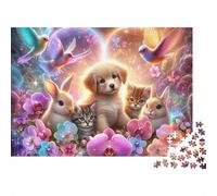 Puzzle da 1000 pezzi "Amici Animali Magici" con cuccioli, conigli e fiori. Gioco educativo per adulti dai 12 anni in su. Decorazione per la casa. Difficile e 70x50 cm.