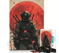 Puzzle da 1000 pezzi Astronauta Samurai con Luna Rossa Giappone Gioco di incastro Pulito Stimolante per la mente Rilassante Regalo di compleanno divertente (50x75cm)