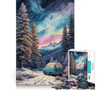 Puzzle da 1000 pezzi Aurora Boreale Foresta Auto Pulito Incastro Decorazione Gioco di abilità mentale Momento di relax Decorazione natalizia da parete (38x26cm)