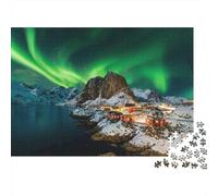 Puzzle da 1000 pezzi "Aurora del Nord - Villaggio" con Aurora Verde e Costa Rocciosa, gioco educativo per adulti, bellissima decorazione, difficile e Dimensioni: 38x26 cm.
