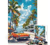 Puzzle da 1000 pezzi "Auto classica arancione su strada tropicale" per adulti,stimolante per la mente,ideale per un'attività rilassante e tranquilla,con chiusura di sicurezza e un regalo premuroso