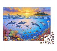 Puzzle da 1000 pezzi "Avventura nel mare dei delfini" con delfini all'alba e nuoto, per adulti. Gioco educativo, bella decorazione, ideale per compleanni Dimensioni: 52x38 cm.
