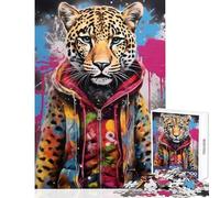 Puzzle da 1000 pezzi Banksy Art Leopard Felpa con cappuccio Giocattolo educativo Ottimo regalo per giochi di famiglia con poster abbinato e foglio di quiz Dimensioni 38x52cm