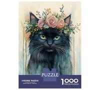 Puzzle Da 1000 Pezzi Black Cat with Floral Crown Puzzle Per Adulti Giochi Per Famiglie Assemblaggio Di Modelli Regali Unici Per Compleanno E Natale 70x50cm/1000pcs