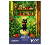 Puzzle Da 1000 Pezzi Black Cat with Flower in Bathroom Puzzle Per Adulti Gioco Rompicapo Vacanza A Casa Ammazzare Il Tempo Offerta Come Regalo Per Tutta La Famiglia 38x26cm/1000pcs