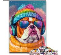 Puzzle da 1000 pezzi "Bulldog che ascolta musica" Puzzle da 1000 pezzi, rompicapo stimolante per adolescenti, perfetto come decorazione per la casa o come regalo (dimensioni 50x75cm)