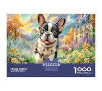 Puzzle da 1000 pezzi Bulldog francese in strada, Strada di fiori colorata, gioco decorativo 52x38cm, da fare insieme per adulti e famiglie