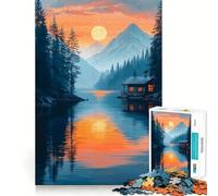 Puzzle da 1000 pezzi "Cabina sul lago al tramonto",taglio perfetto,divertente gioco di logica,gioco gratuito,attività per compleanno (50x75cm)