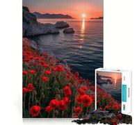 Puzzle da 1000 pezzi "Campo di papaveri al tramonto sul mare" per adulti, gioco intelligente, divertente, con bordi affilati, articolo dei desideri di Babbo Natale (50x75cm)