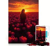Puzzle da 1000 pezzi Campo di tulipani al tramonto con donna, perfetto per un gioco creativo e stimolante per la mente, ideale per il tempo libero e come regalo di compleanno (50x75cm)