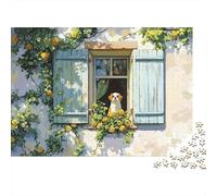 Puzzle da 1000 pezzi "Cane che sbircia dalla finestra" con rose e finestra, gioco educativo per adulti, decorazione per la casa, sfida di alta difficoltà, regalo di compleanno. 52x38 cm/1000 pezzi.