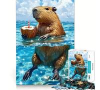 Puzzle da 1000 pezzi Capibara che si gode una bevanda al cocco nell'oceano Decorazione con bordi netti Divertente e facile da risolvere,ideale come regalo di Natale (38x26cm)