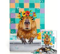Puzzle da 1000 pezzi Capibara nella vasca da bagno con corona di fiori,taglio netto,gioco di logica,attività rilassante,regalo di compleanno (38x52cm)