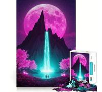 Puzzle da 1000 pezzi "Cascata al neon sotto la luna rosa" per adulti, un gioco rilassante e divertente per allenare la mente Opera d'arte da assemblare (38x26cm)