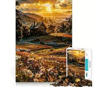 Puzzle da 1000 pezzi Casetta in un prato fiorito al tramonto,decorazione con bordi precisi,gioco di logica,divertimento facile,regalo di Natale (38x52cm)
